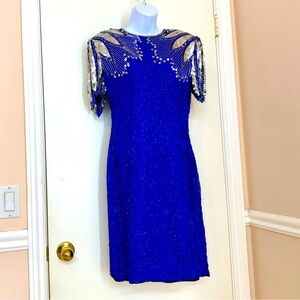 SCALA Women 100% Pure Silk Beaded Sequins Formal Dress, Blue Silver, Size PM